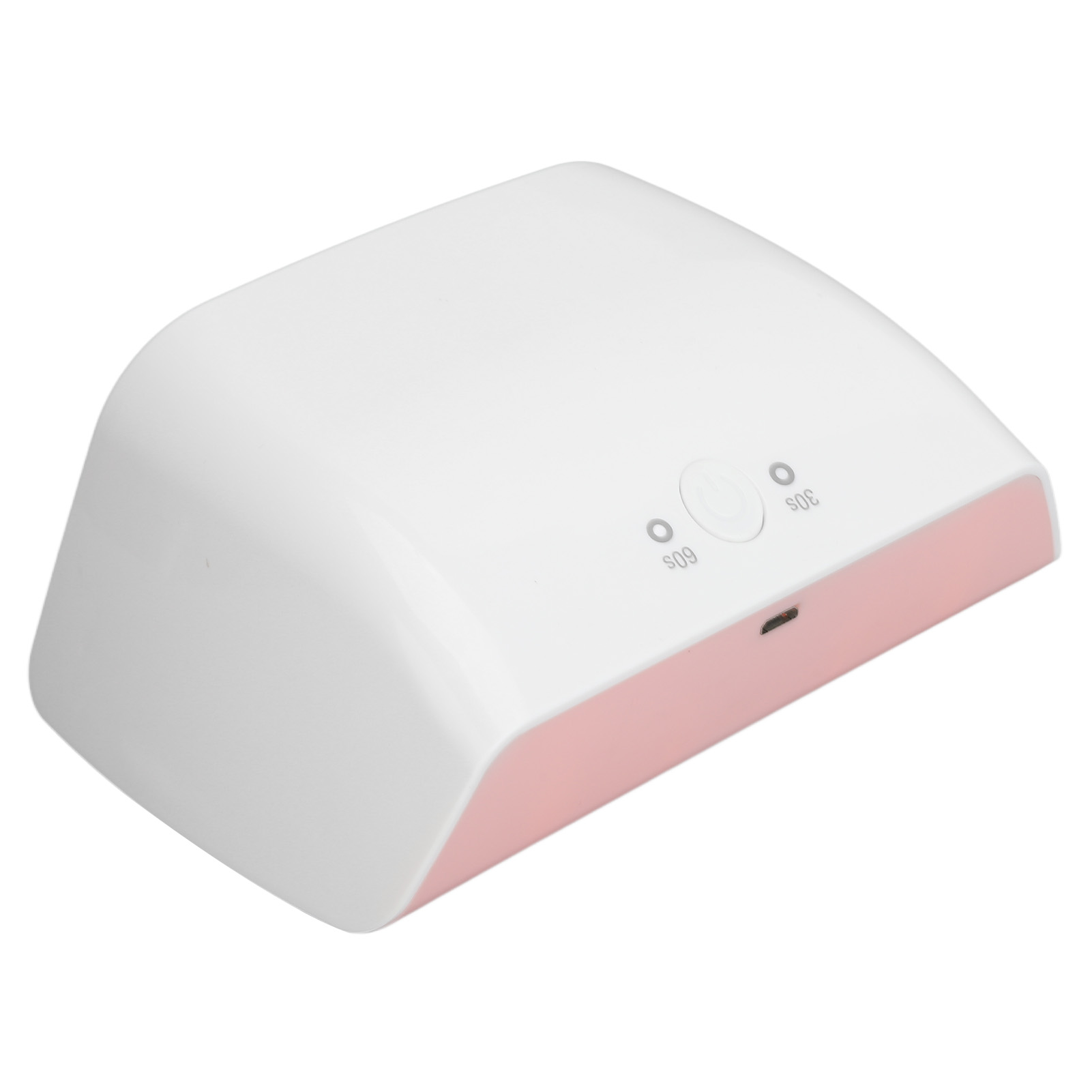 Ein weißer und rosa Nageltrockner. Er hat Knöpfe für 30s und 60s sowie einen USB-Anschluss.