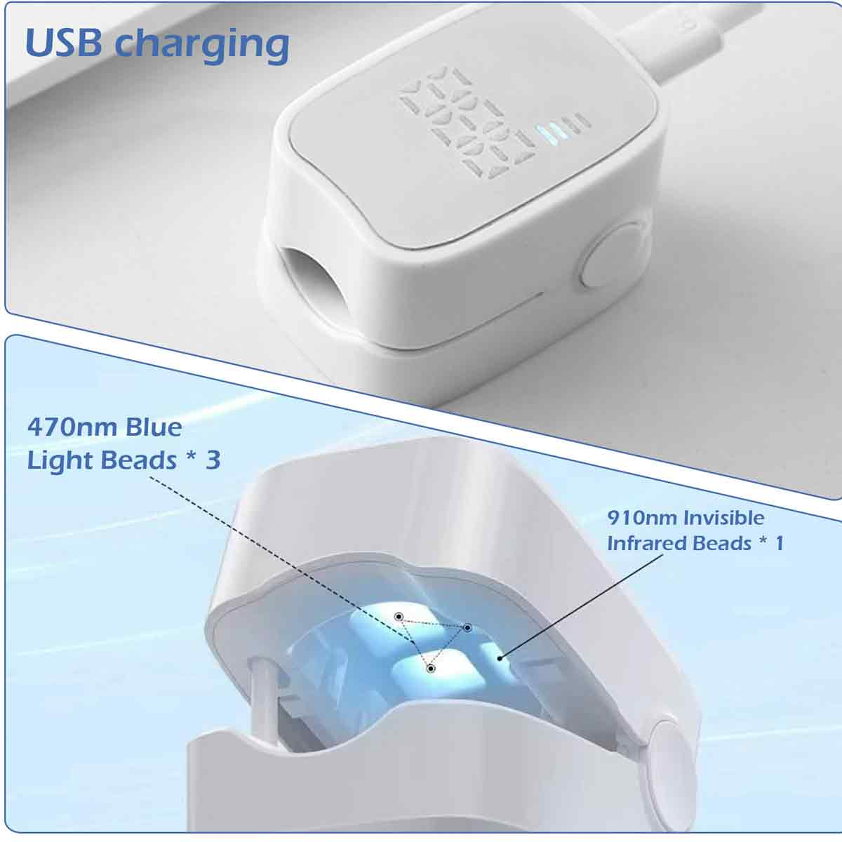 Gezeigt wird ein weißes Oximeter mit USB-Ladeetikett. Es verfügt über blaue und Infrarot-Lichtperlen mit numerischer Anzeige oben.