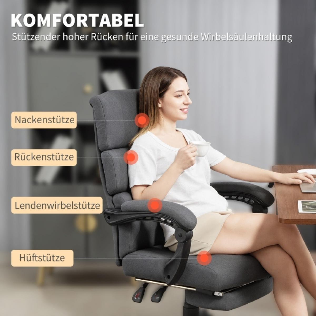 Eine Frau sitzt in einem grauen Bürostuhl und hält eine Tasse. Die Stützpunkte des Stuhls sind hervorgehoben. Ein Schreibtisch und ein Laptop sind zu sehen.
