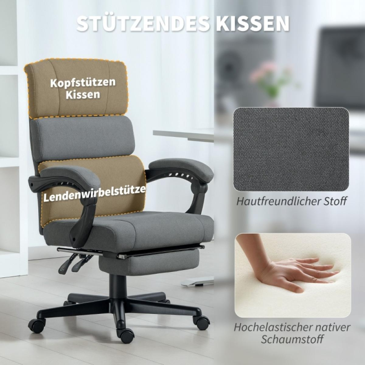 Ein Bürostuhl mit Kopfstütze, Lendenwirbelstütze, Armlehnen und Fußstütze. Er hat grauen Stoff und ein schwarzes Gestell.