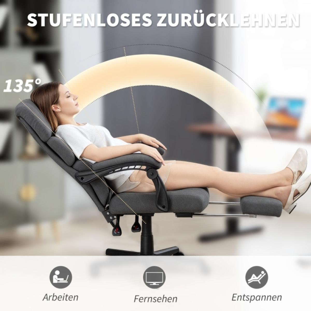 Frau, die sich in einem grauen Bürostuhl mit Fußstütze zurücklehnt. Der Stuhl ist um 135 Grad geneigt. Text oben lautet 'STUFENLOSES ZURÜCKLEHNEN'.
