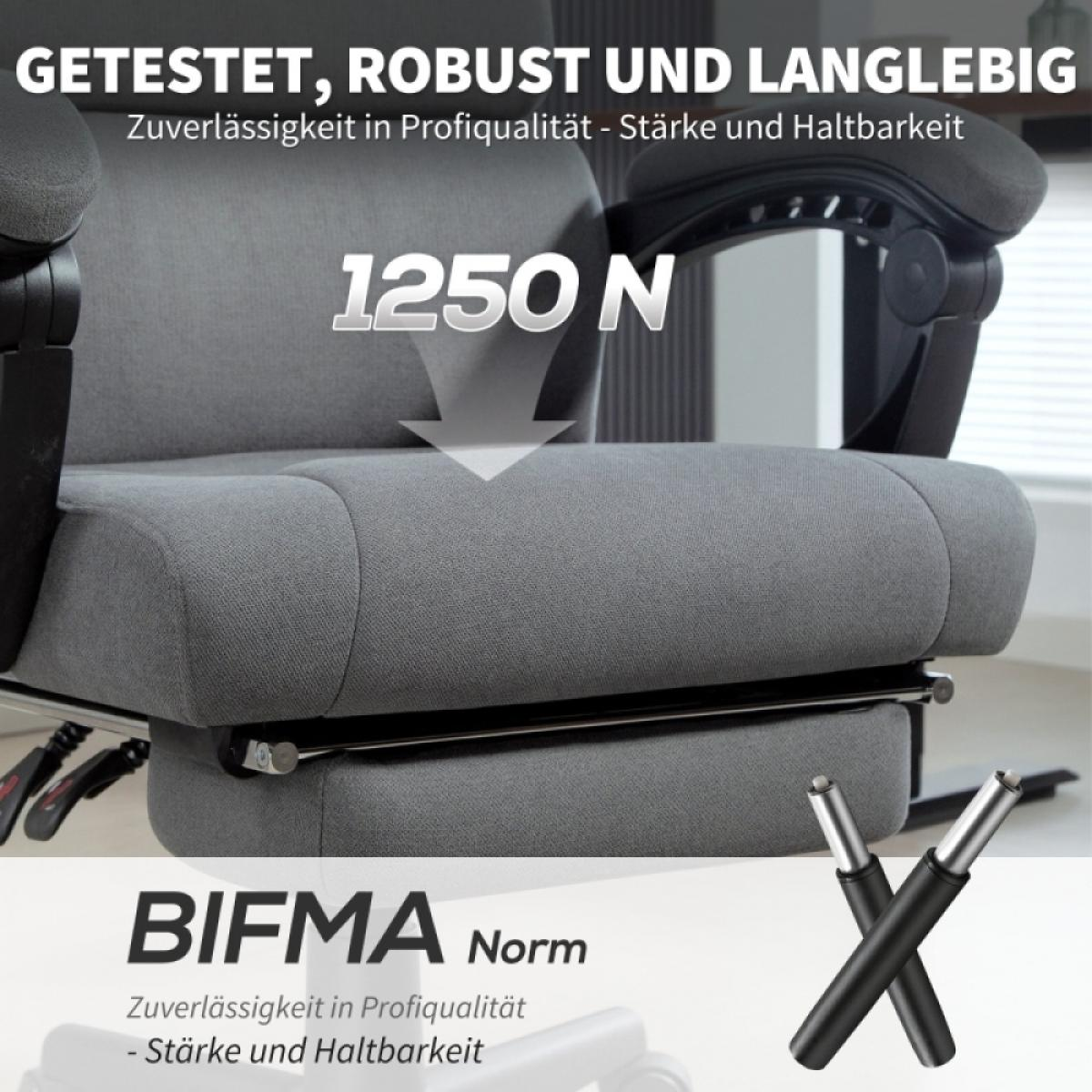 Ein grauer Bürostuhl mit Armlehnen, Fußstütze und dem Text '1250 N'. Das Bild enthält auch Text über Robustheit und Qualität.