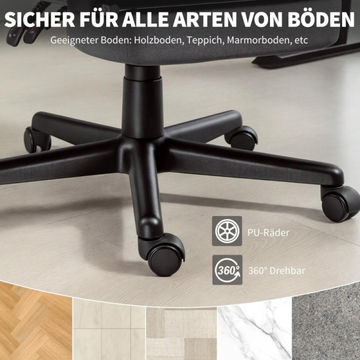 Ein schwarzes Bürostuhlgestell mit Rollen steht auf einem hellen Holzboden. Text oben: sicher für alle Bodentypen.