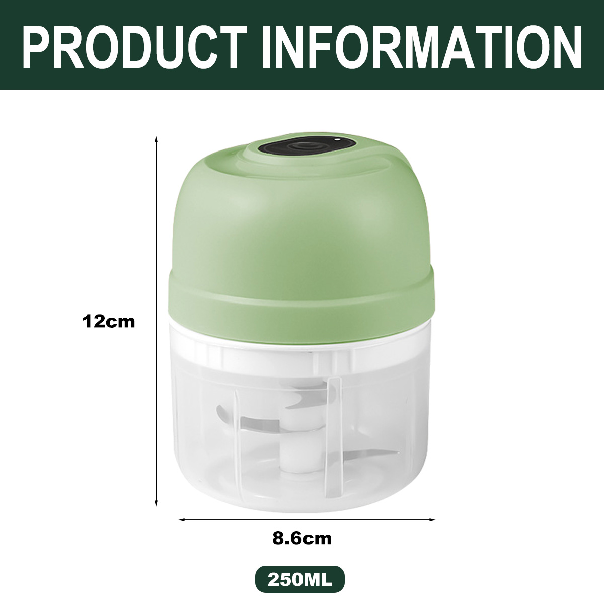 Ein grün-weißer elektrischer Zerkleinerer, Abmessungen 12 cm hoch und 8,6 cm breit, Fassungsvermögen 250 ml, mit Produktinformationen.