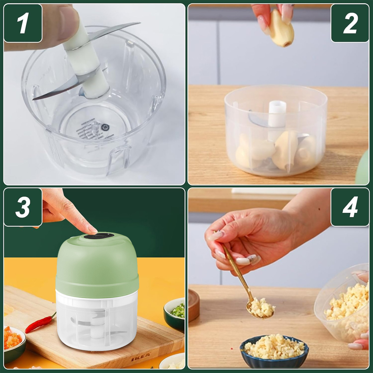 Ein Lebensmittelprozessor wird in verschiedenen Phasen gezeigt: Zusammenbau, Hinzufügen von Knoblauch, Betrieb und Herausnehmen von gehacktem Knoblauch.