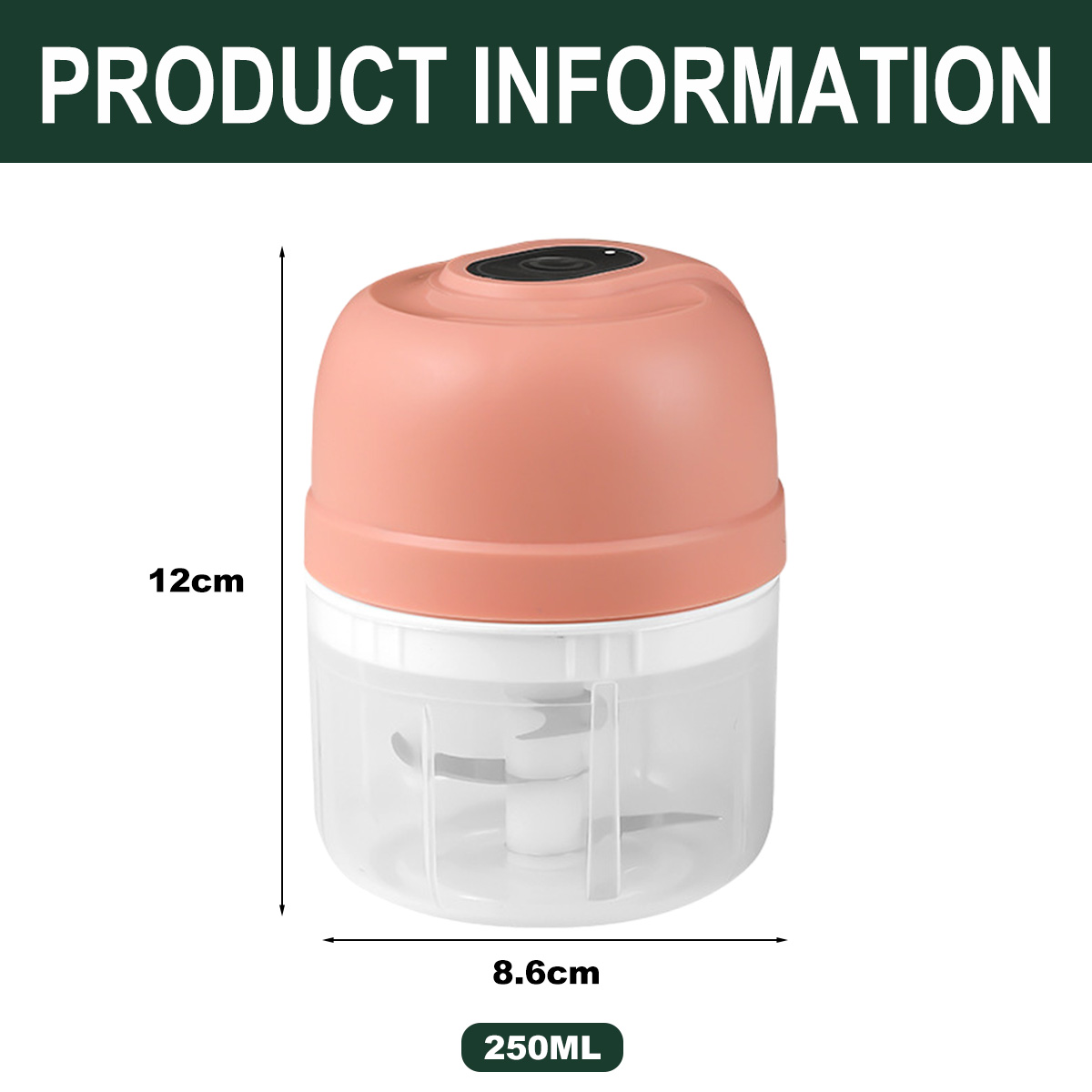 Ein rosa-weißer Foodprocessor. Er hat einen rosa Deckel, einen transparenten Behälter und Messer im Inneren. Maße: 12 cm x 8,6 cm, 250 ml.