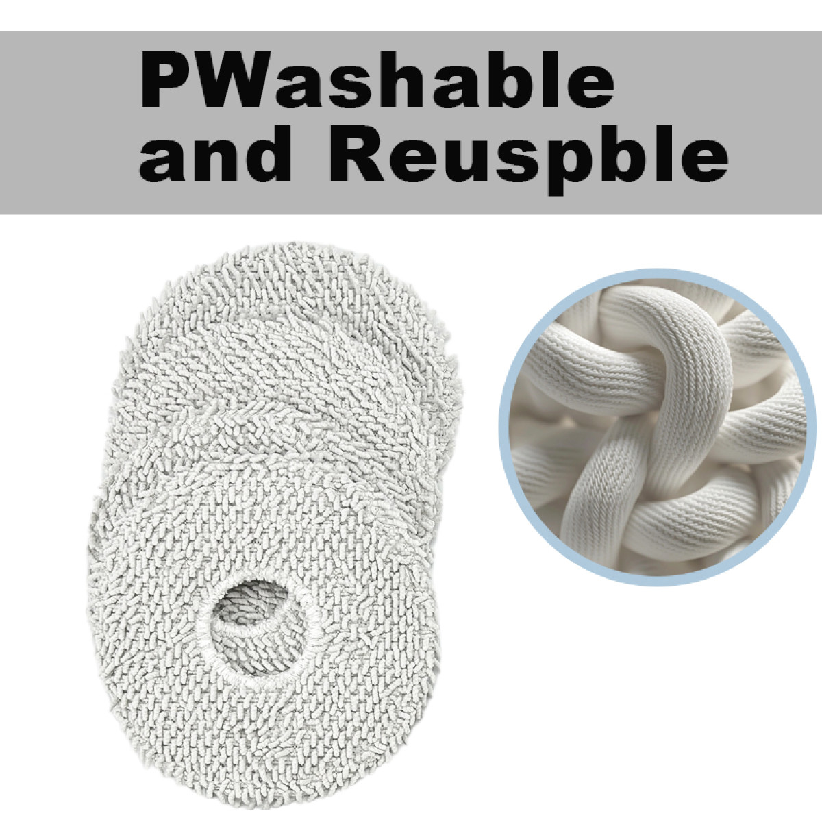 Białe, okrągłe pady czyszczące z otworem są ułożone w stos. Zbliżenie na plecioną białą linę znajduje się w niebieskim okręgu.