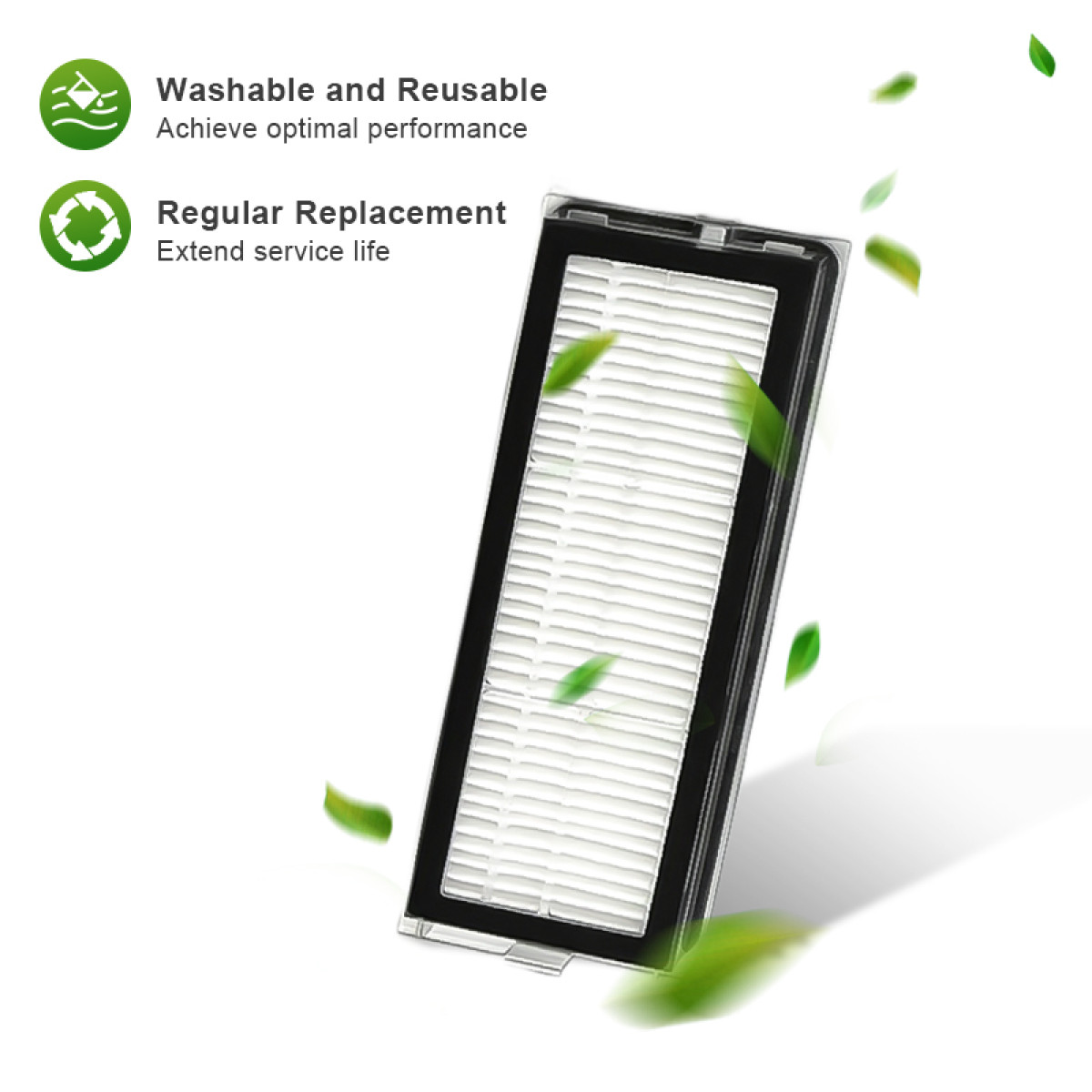 Pokazany jest biały filtr z czarną ramką, z zielonymi liśćmi wokół niego. Tekst wskazuje, że jest zmywalny i do regularnej wymiany.