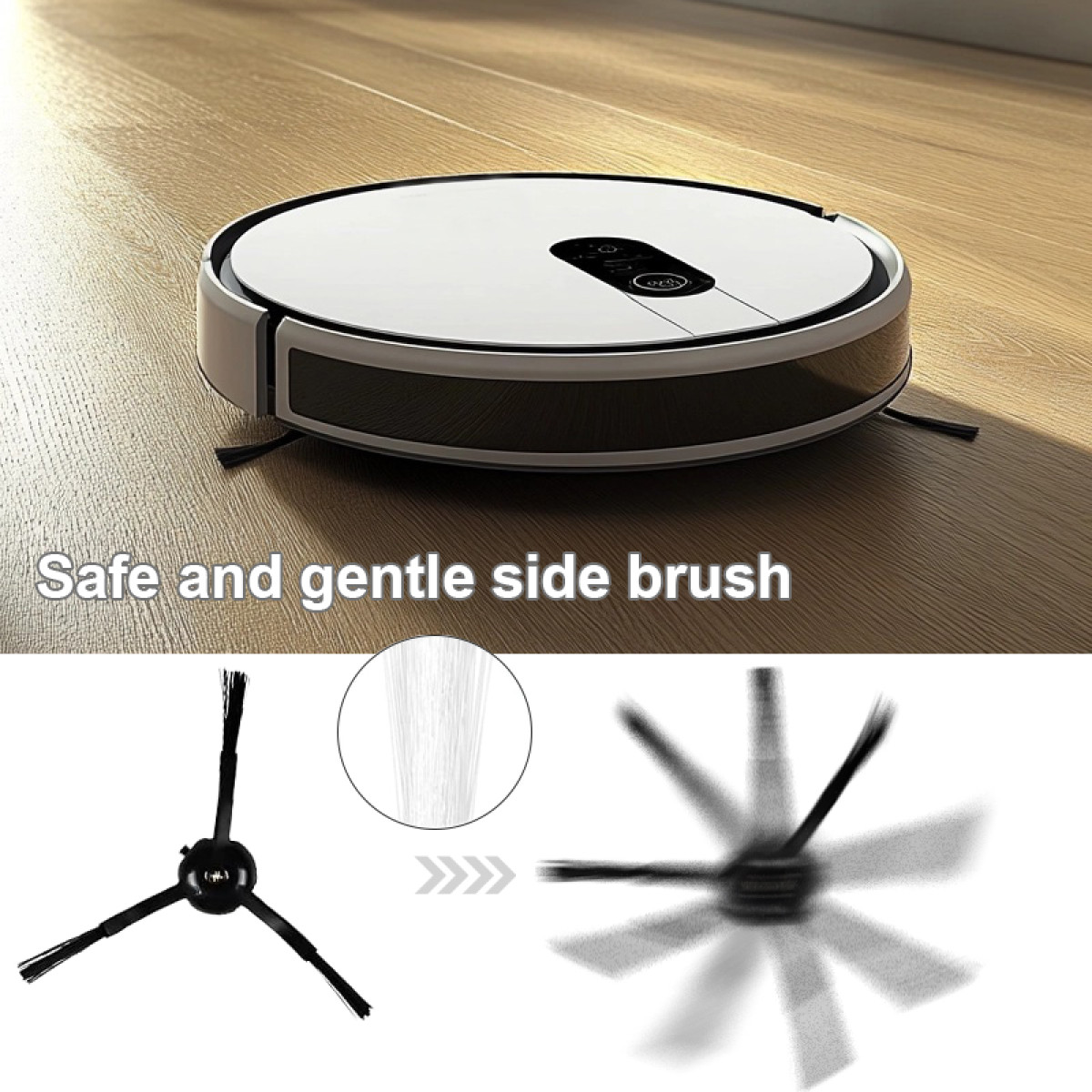 Biało-czarny odkurzacz robot na drewnianej podłodze. Obraz podkreśla szczotkę boczną, podkreślając delikatne czyszczenie.