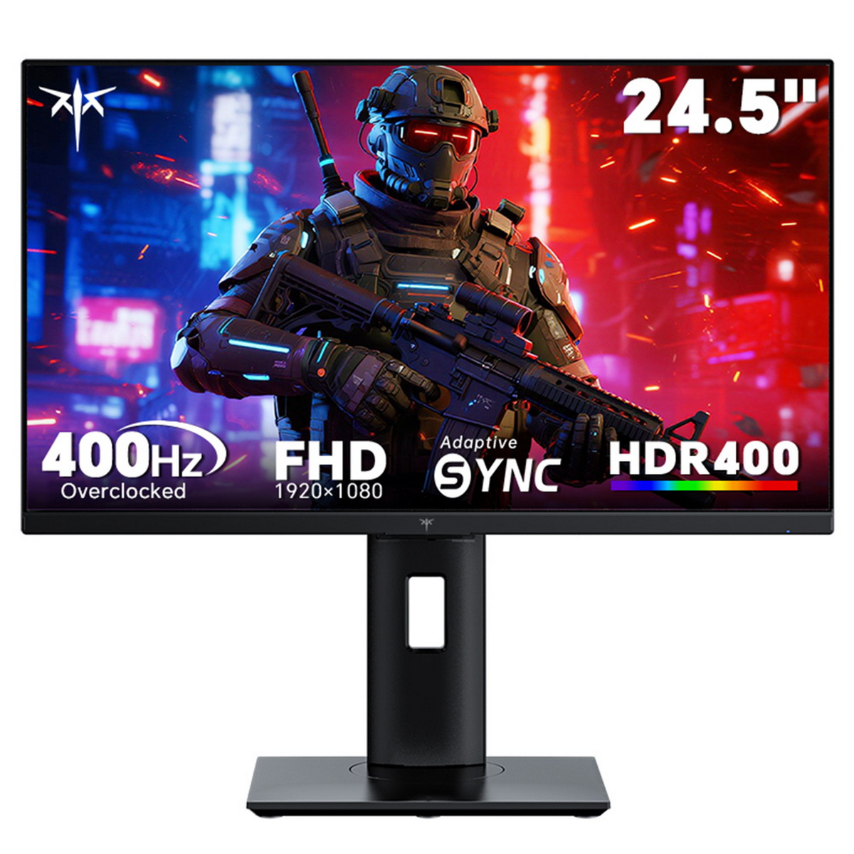 Ein Computermonitor zeigt einen futuristischen Soldaten mit einer Waffe. Er hat Spezifikationen wie 400Hz, FHD, Adaptive Sync und HDR400. Schwarzer Ständer.