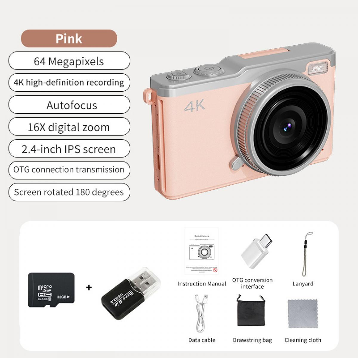 Eine rosa Digitalkamera mit 4K-Objektiv, begleitet von Zubehör wie Speicherkarte, USB-Stick und Reinigungstuch.