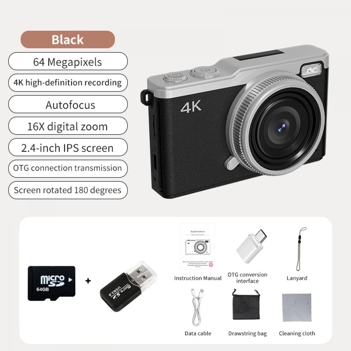 Eine schwarz-silberne Digitalkamera mit Zubehör. Merkmale sind 64 Megapixel, 4K-Aufnahme und ein 2,4-Zoll-Bildschirm.