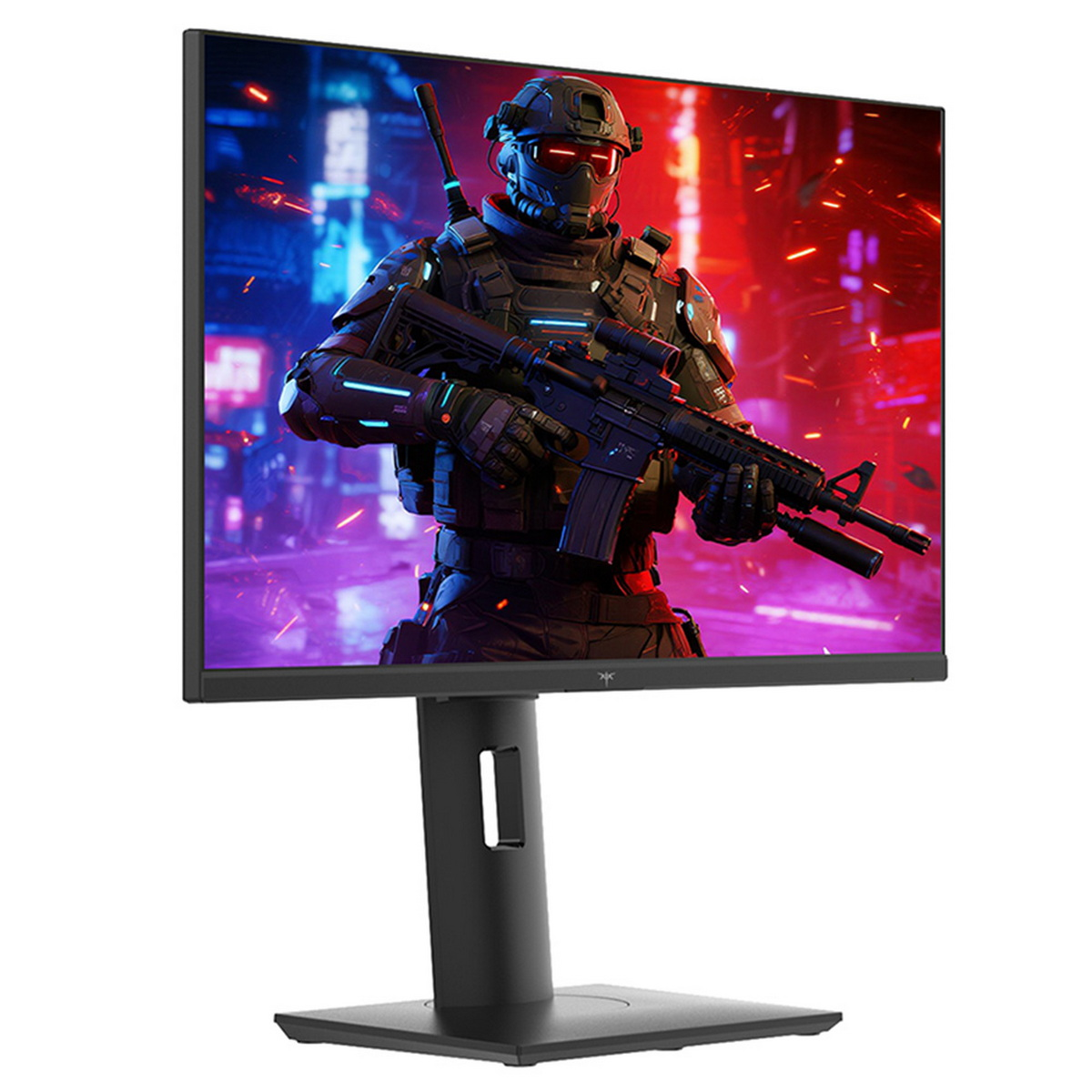 Ein Computermonitor zeigt einen Soldaten mit einer Waffe in einer futuristischen Umgebung. Der Monitor hat einen schwarzen Ständer und einen weißen Hintergrund.