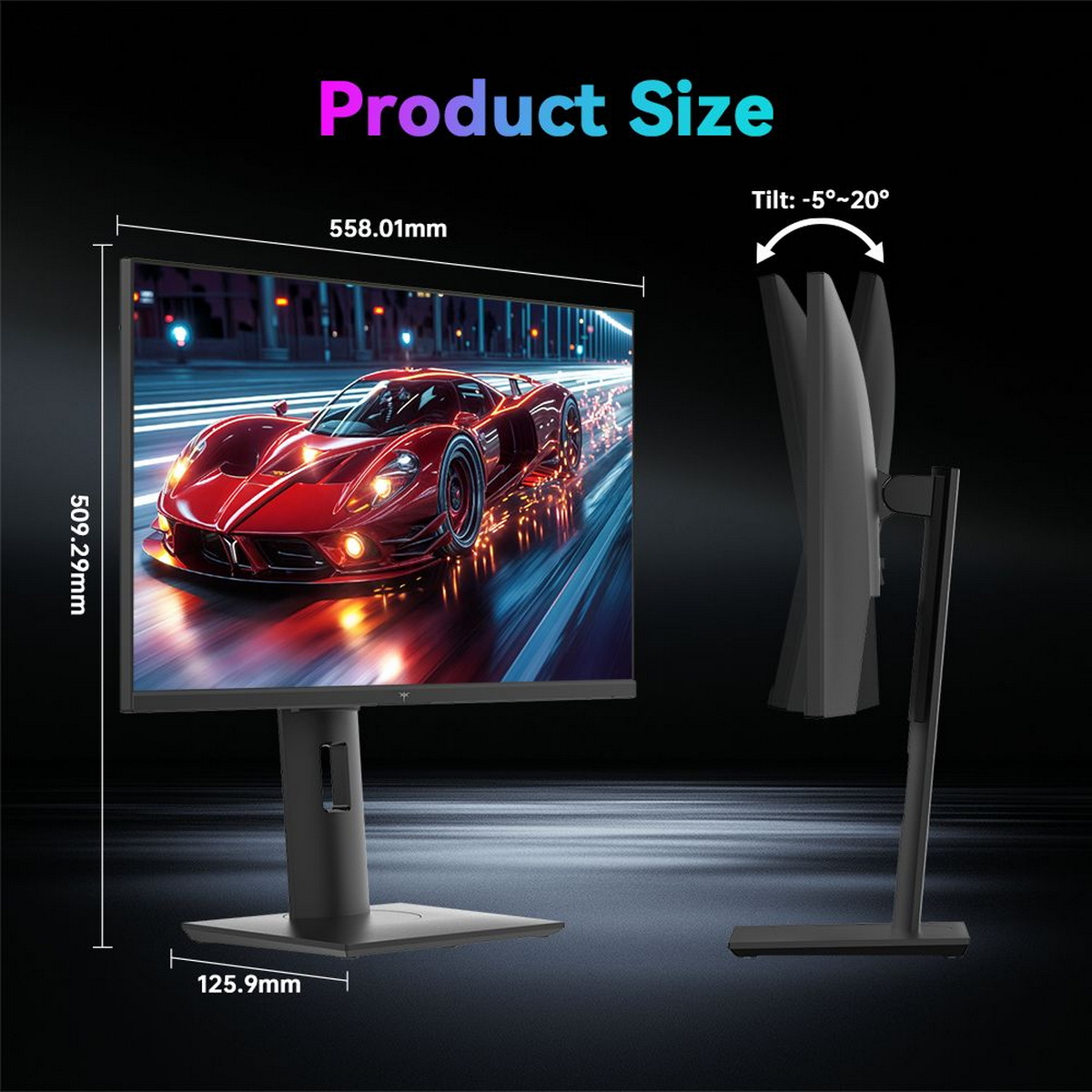 Monitor mit rotem Sportwagen auf dem Bildschirm. Abmessungen: 558,01 mm, 509,29 mm, 125,9 mm. Neigungsbereich ist -5° bis 20°.