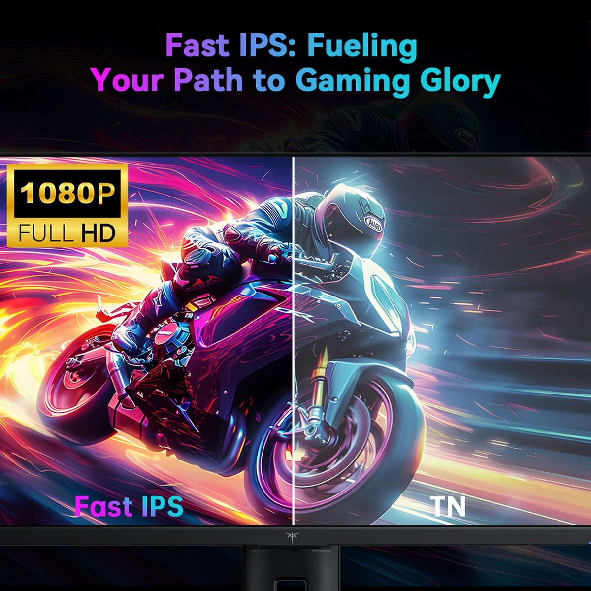Ein Computermonitor mit geteiltem Bild eines Motorrads, mit Textüberlagerung, der für die Fast-IPS-Technologie wirbt.