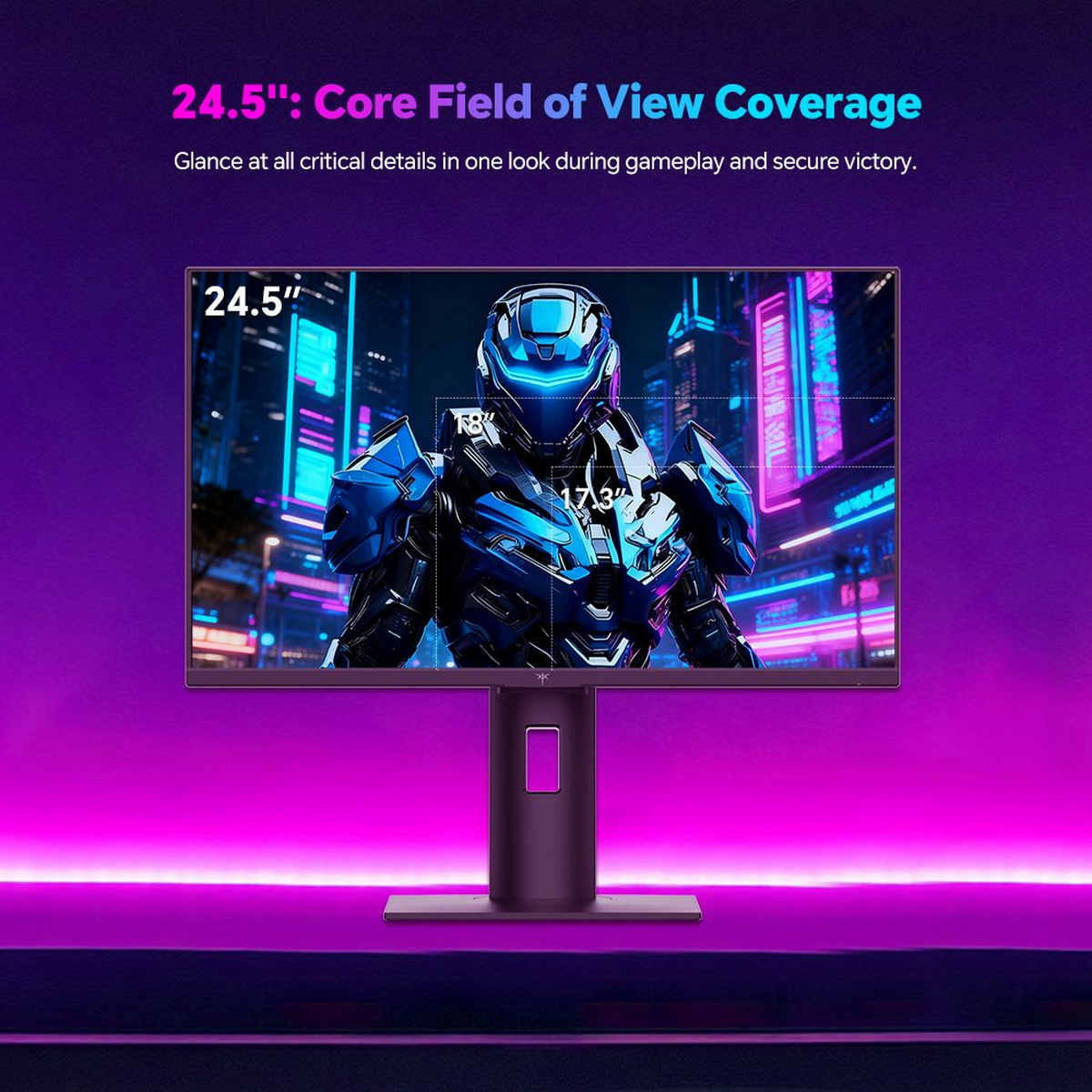 Ein Computermonitor zeigt ein futuristisches Cyborg-Bild. Der Text darüber lautet '24.5" Core Field of View Coverage'.