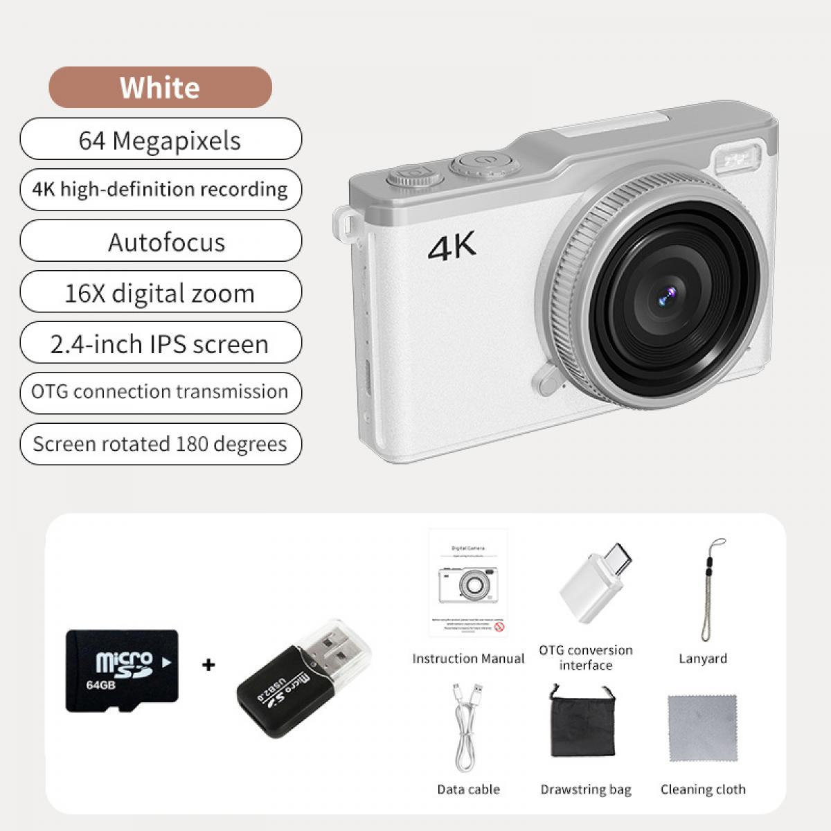 Weiße Digitalkamera mit 4K-Aufnahmefunktionen und Zubehör wie Speicherkarte, USB-Adapter und Reinigungstuch.