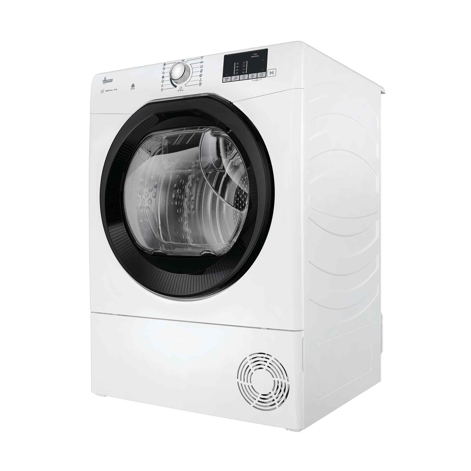 Ein weißer Hoover-Trockner. Er hat einen schwarzen Türring und ein Bedienfeld. Die Tür ist transparent.
