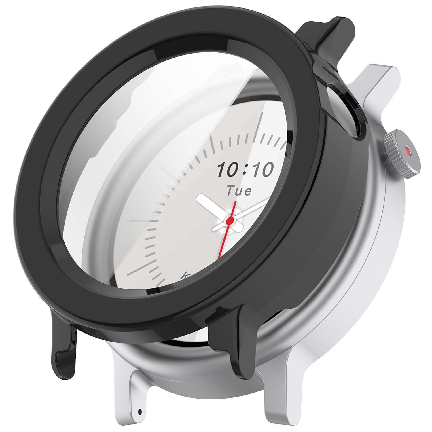 Uno smartwatch che mostra le 10:10 di martedì. Ha una lunetta nera, corpo argentato e una lancetta dei secondi rossa.