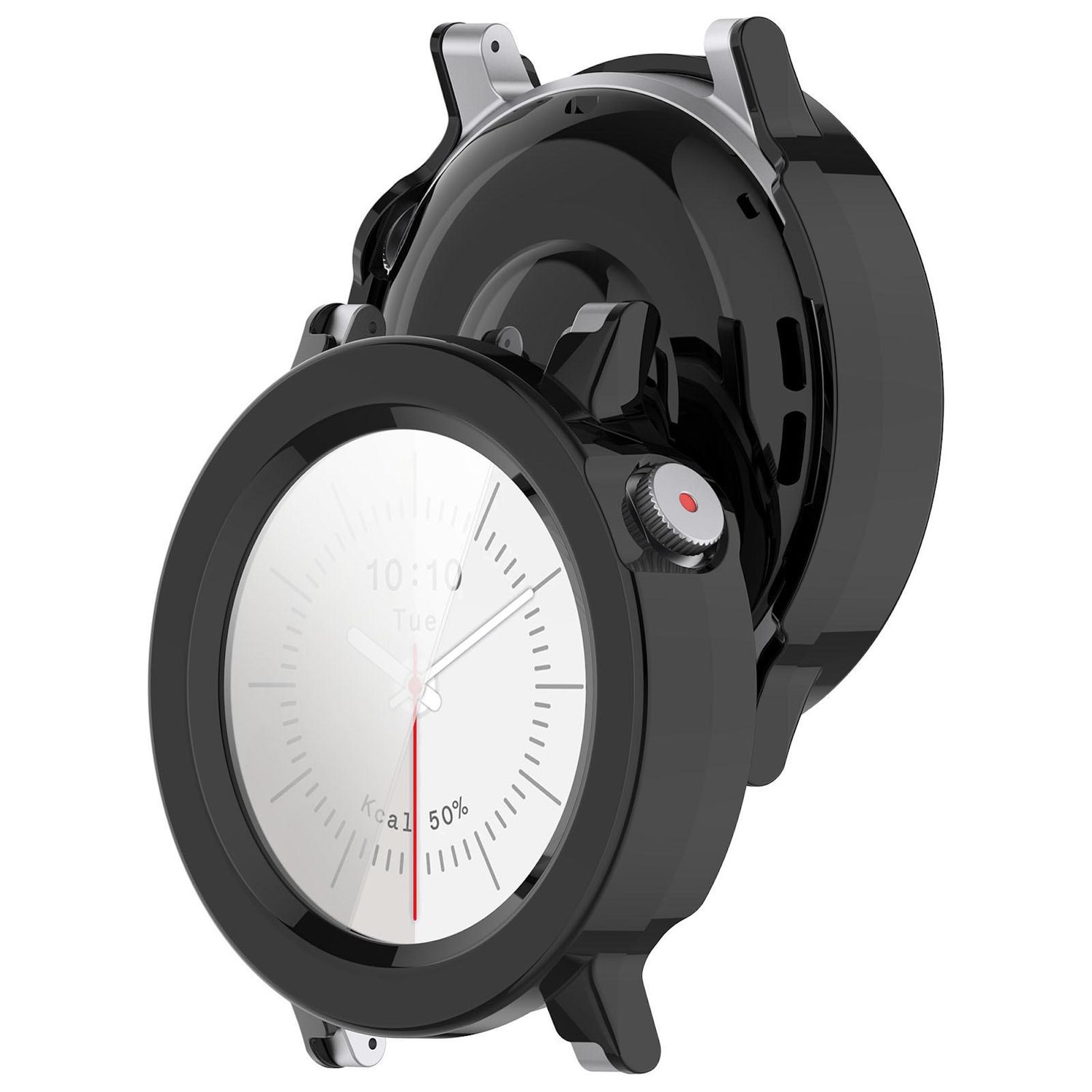 Un primo piano di uno smartwatch, che mostra lo schermo con l'ora, il giorno e un indicatore di avanzamento. L'orologio è nero e argento.