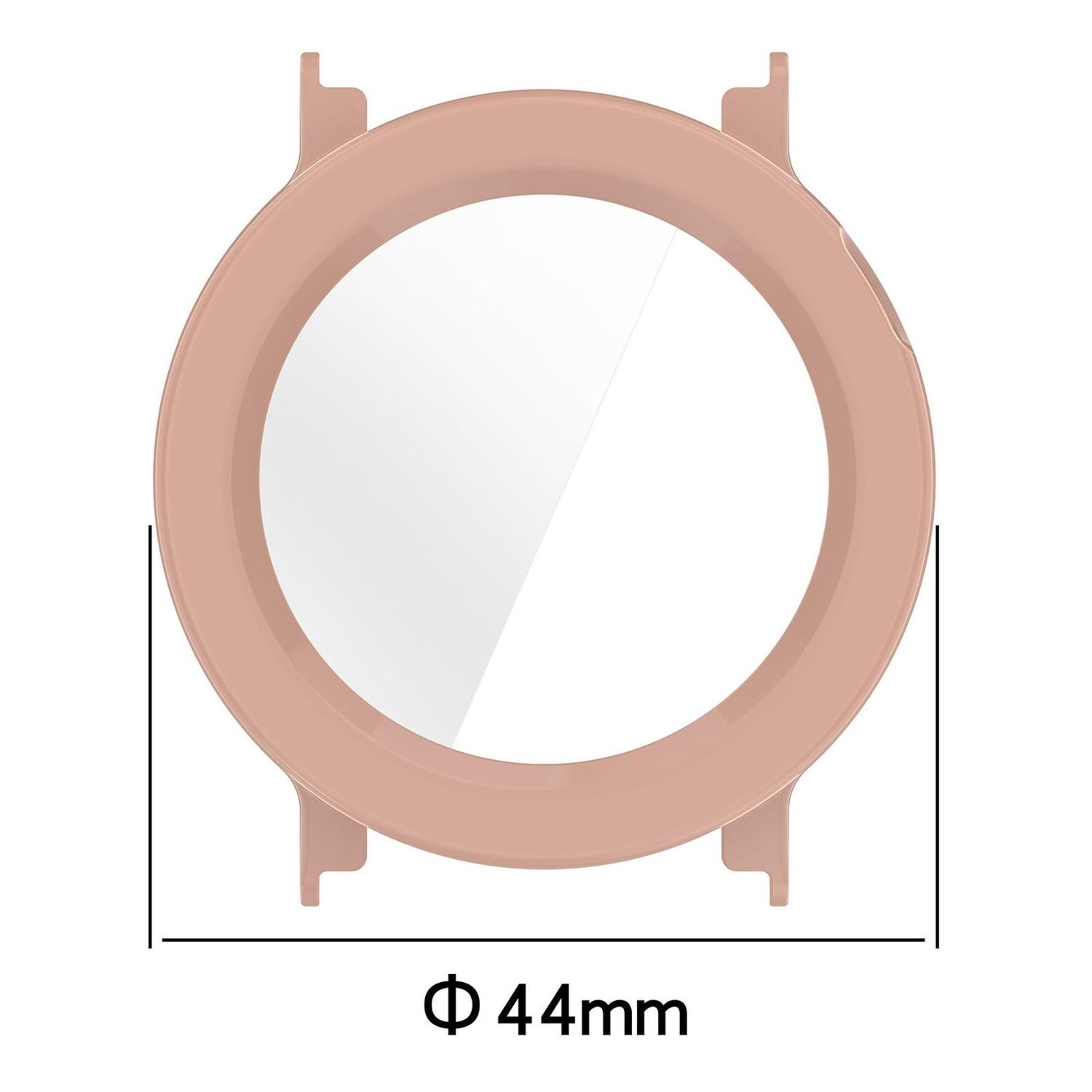 Primo piano di una cassa di orologio circolare. È di colore rosa chiaro. Il diametro è di 44 mm. Ha un quadrante trasparente.