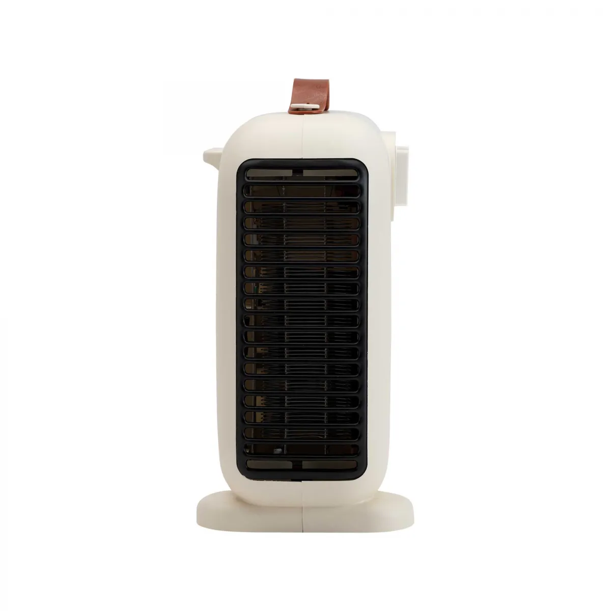 Un calefactor eléctrico color crema. Tiene una rejilla negra, un asa marrón y una base blanca. Aislado sobre fondo blanco.