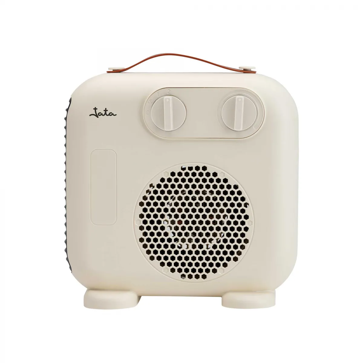 Calentador eléctrico color crema. Tiene asa, dos diales y rejilla de panal. Tiene la palabra 'Jata'.