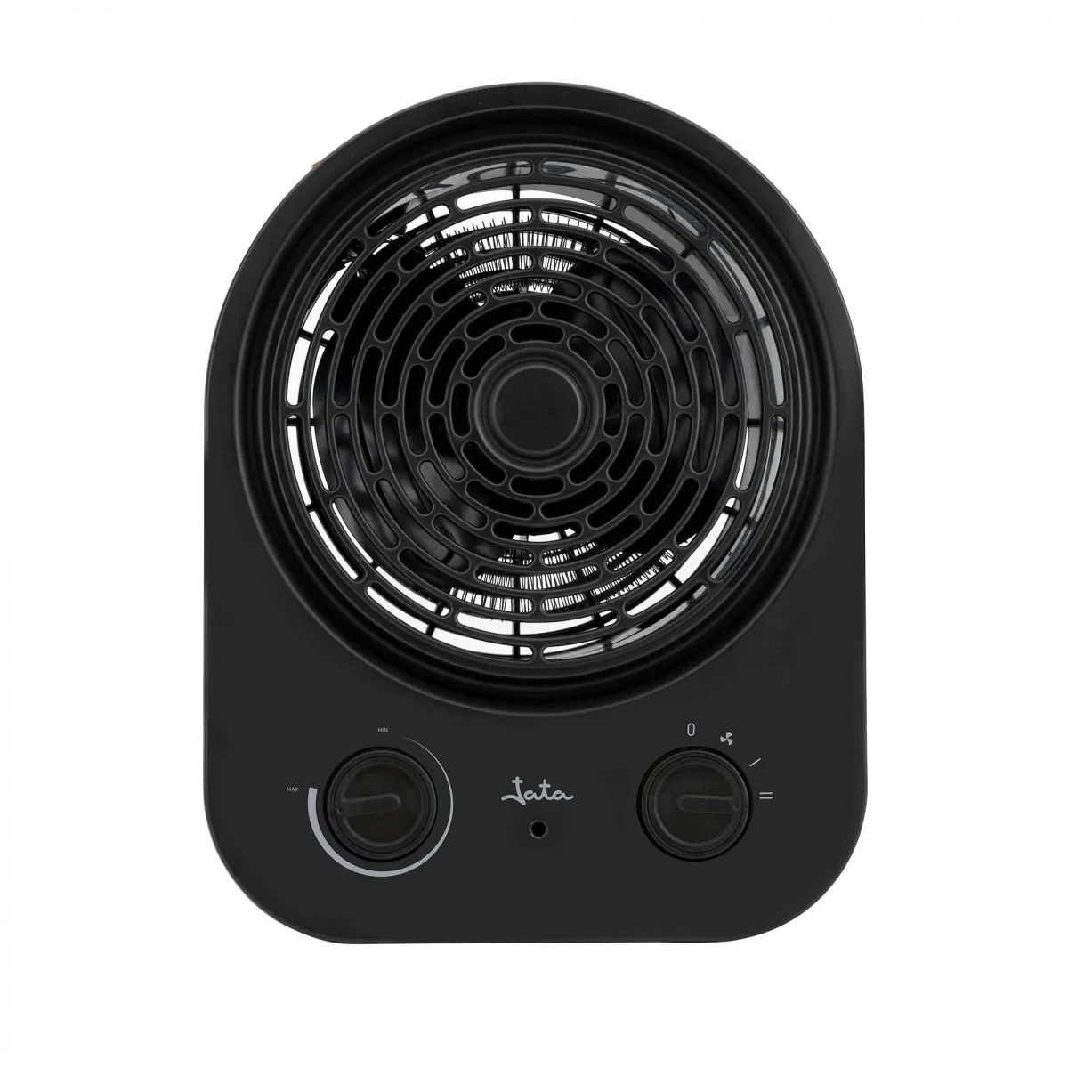 Calentador eléctrico negro con elemento calefactor circular, dos perillas de control y la marca 'Jata'.