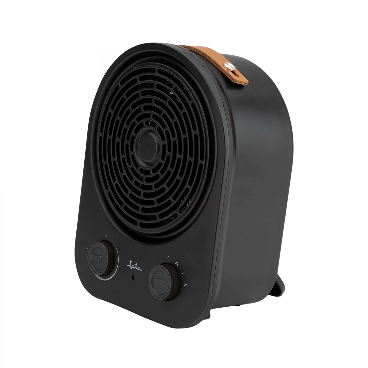 Un calefactor eléctrico negro con una rejilla circular, dos perillas y un asa de cuero. Está sobre un fondo blanco.