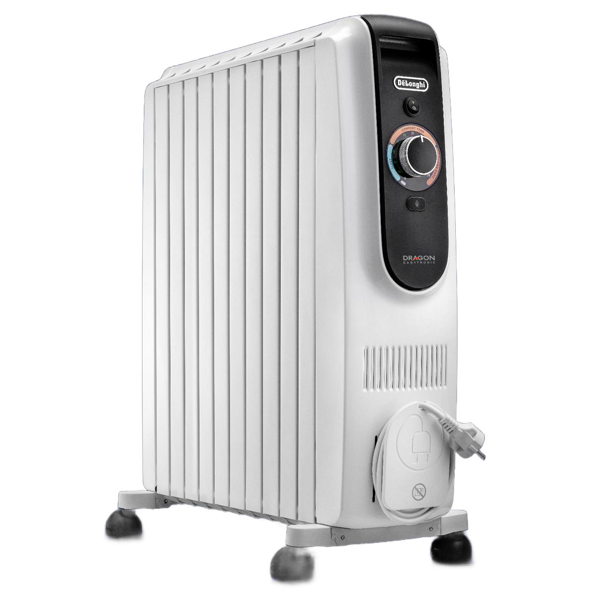 Biały grzejnik olejowy DeLonghi na kółkach. Ma panel sterowania, przewód zasilający i wtyczkę. Tło jest czarne.