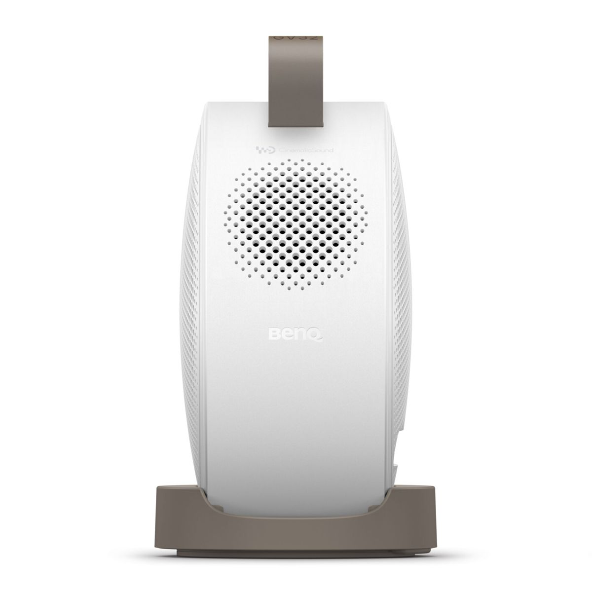 Un projecteur BenQ blanc avec une poignée et une base grises, avec une grille de haut-parleur. Le fond est blanc.