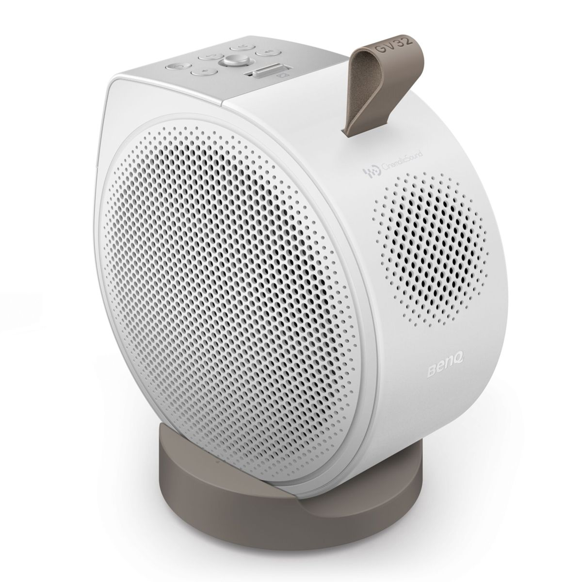 Un projecteur blanc BenQ GV32 avec une poignée et une base grises. Il a une grille de haut-parleur et des boutons de commande.