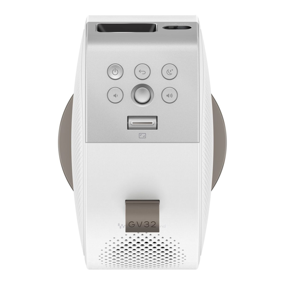 Vue de dessus d'un projecteur blanc et gris. Il possède des boutons de commande, un port USB et un haut-parleur. Le fond est blanc.