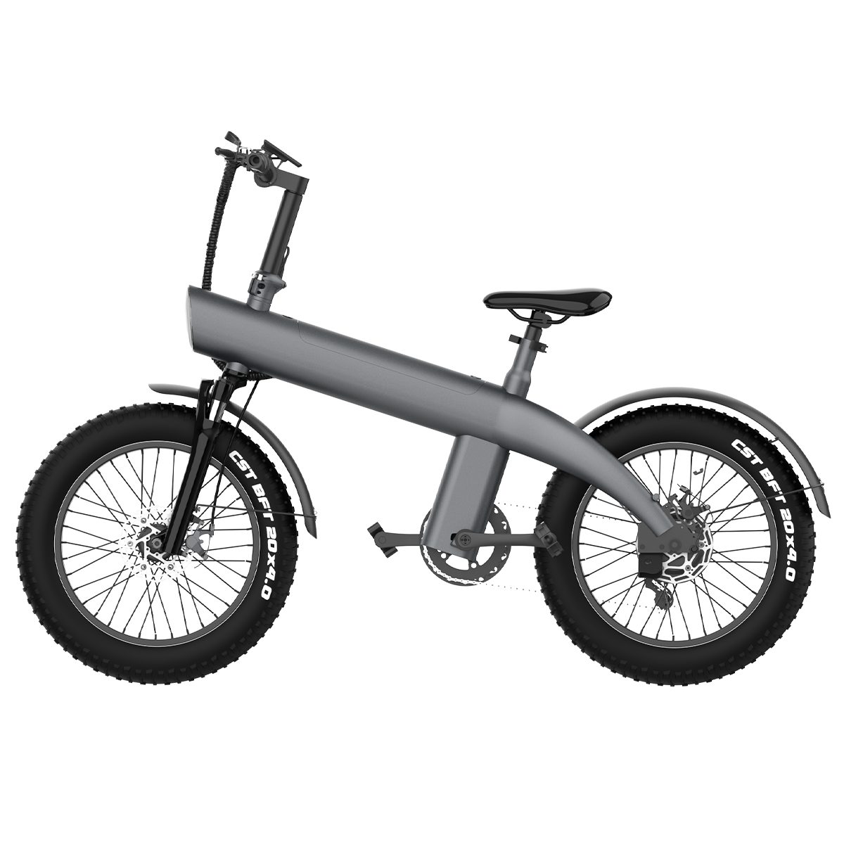 Szary rower elektryczny z grubymi oponami na białym tle. Szczegóły: czarne siodełko, kierownica i błotniki.