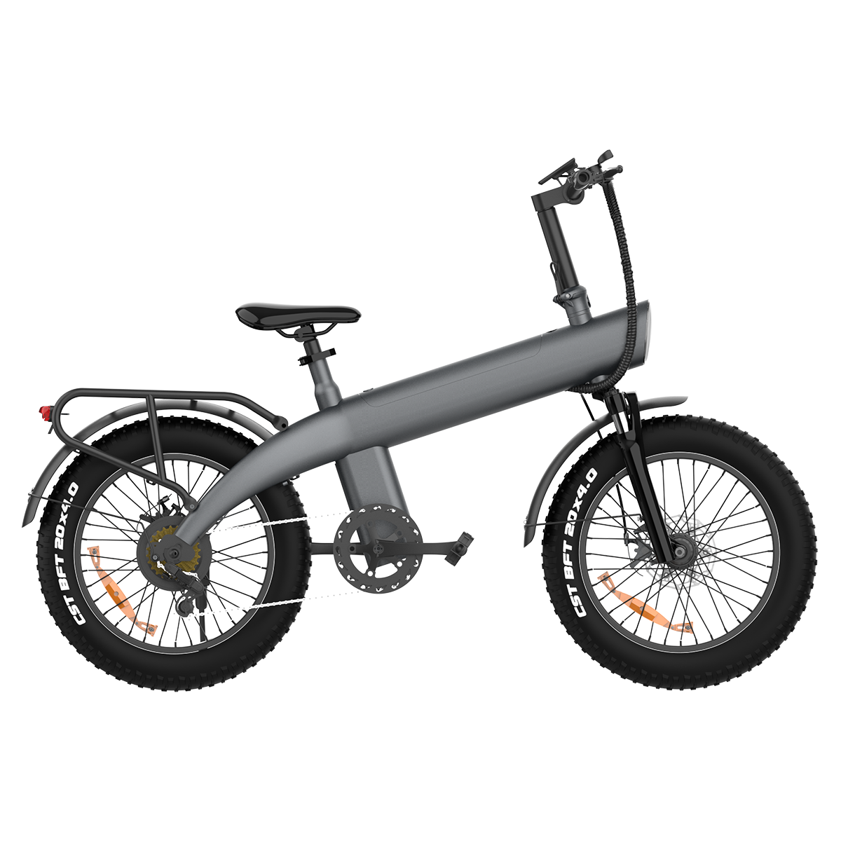 Szary rower elektryczny z grubymi oponami na białym tle. Ma bagażnik, reflektor i czarne siodełko.