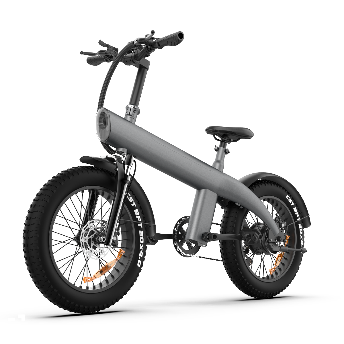 Szary rower elektryczny z grubymi oponami na białym tle. Ma reflektor, siedzenie i łańcuch.