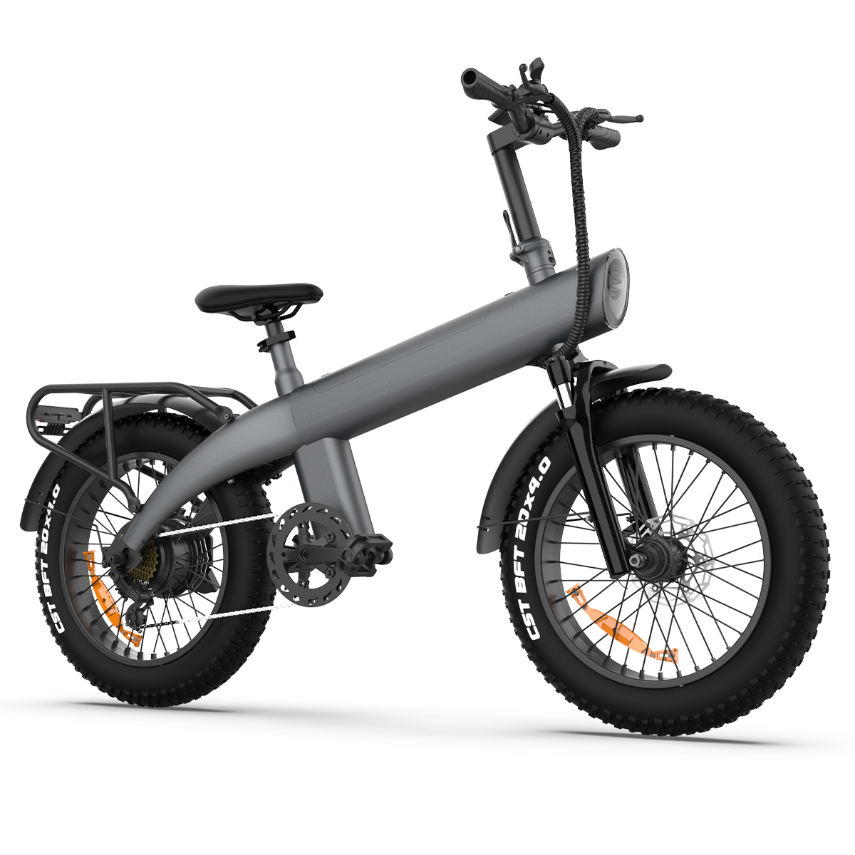 Szary rower elektryczny z grubymi oponami na białym tle. Ma reflektor, bagażnik i czarne akcenty.