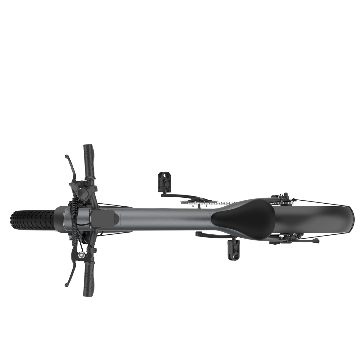 Widok z góry na szary i czarny rower z czarnymi oponami i siodełkiem na białym tle.