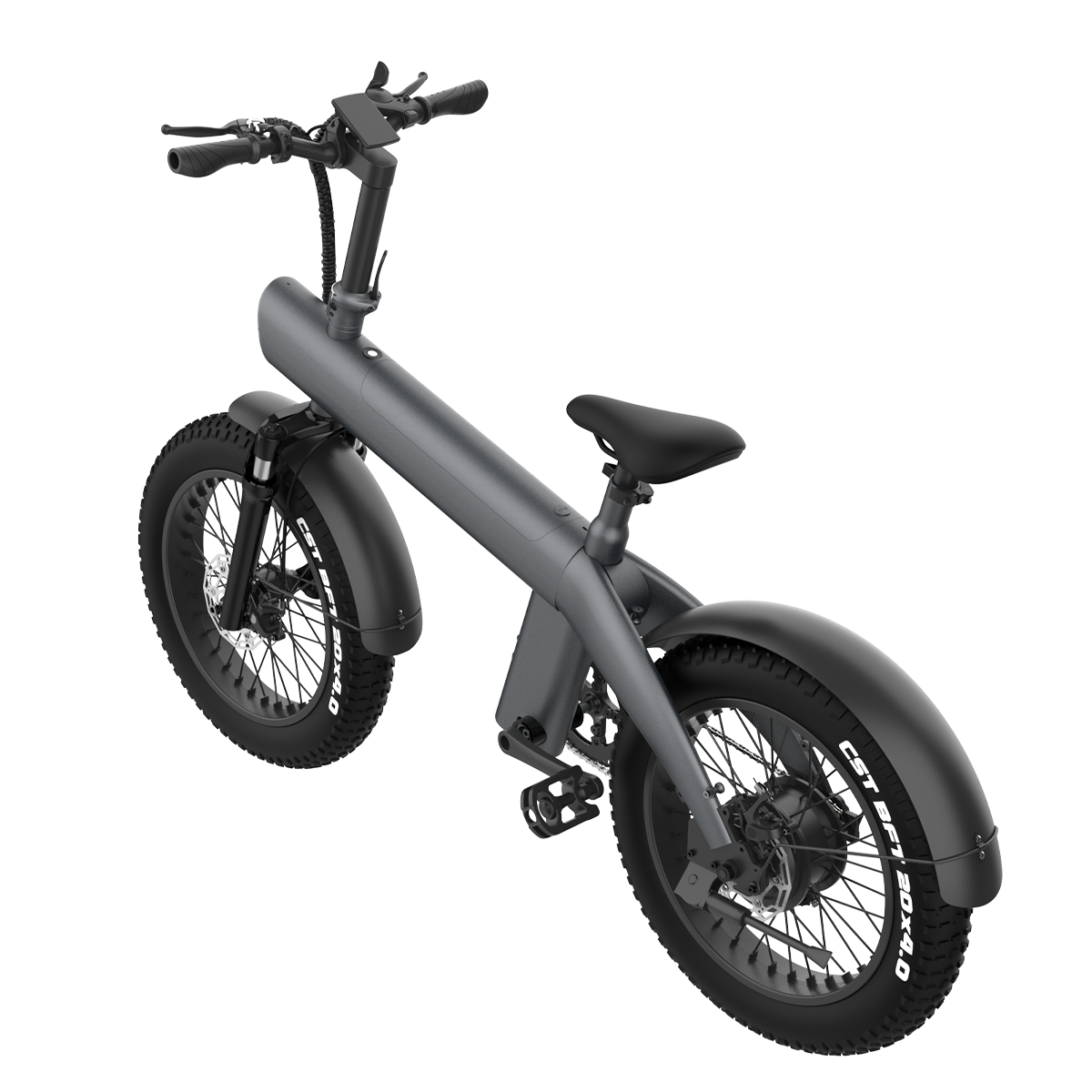 Szary rower elektryczny z grubymi oponami jest ustawiony pod kątem. Ma czarne siodełko, kierownicę i błotniki. Biały tekst na oponach brzmi CST BFT 20X4.0.