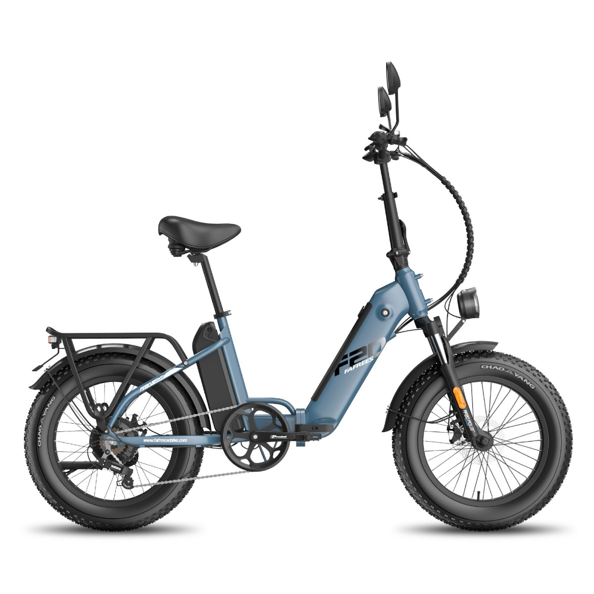 Ein blaues, zusammenklappbares Elektrofahrrad. Es hat dicke Reifen, einen schwarzen Sitz und einen Akku. Die Marke ist FAFREES.