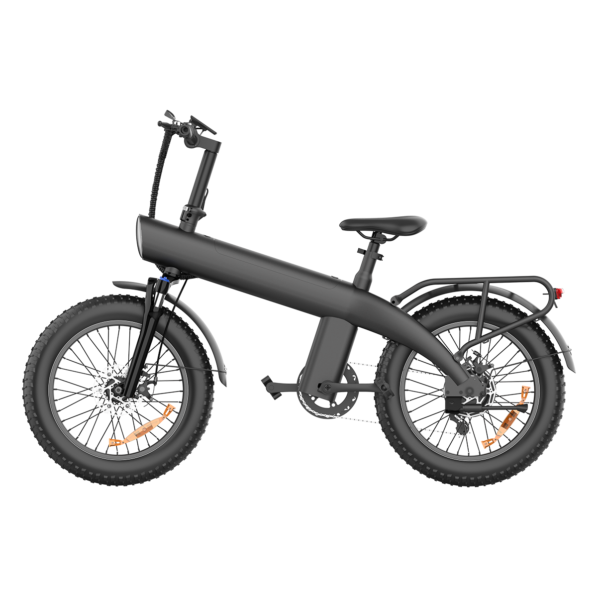 Czarny rower elektryczny, na białym tle. Ma duże opony, bagażnik i reflektor.