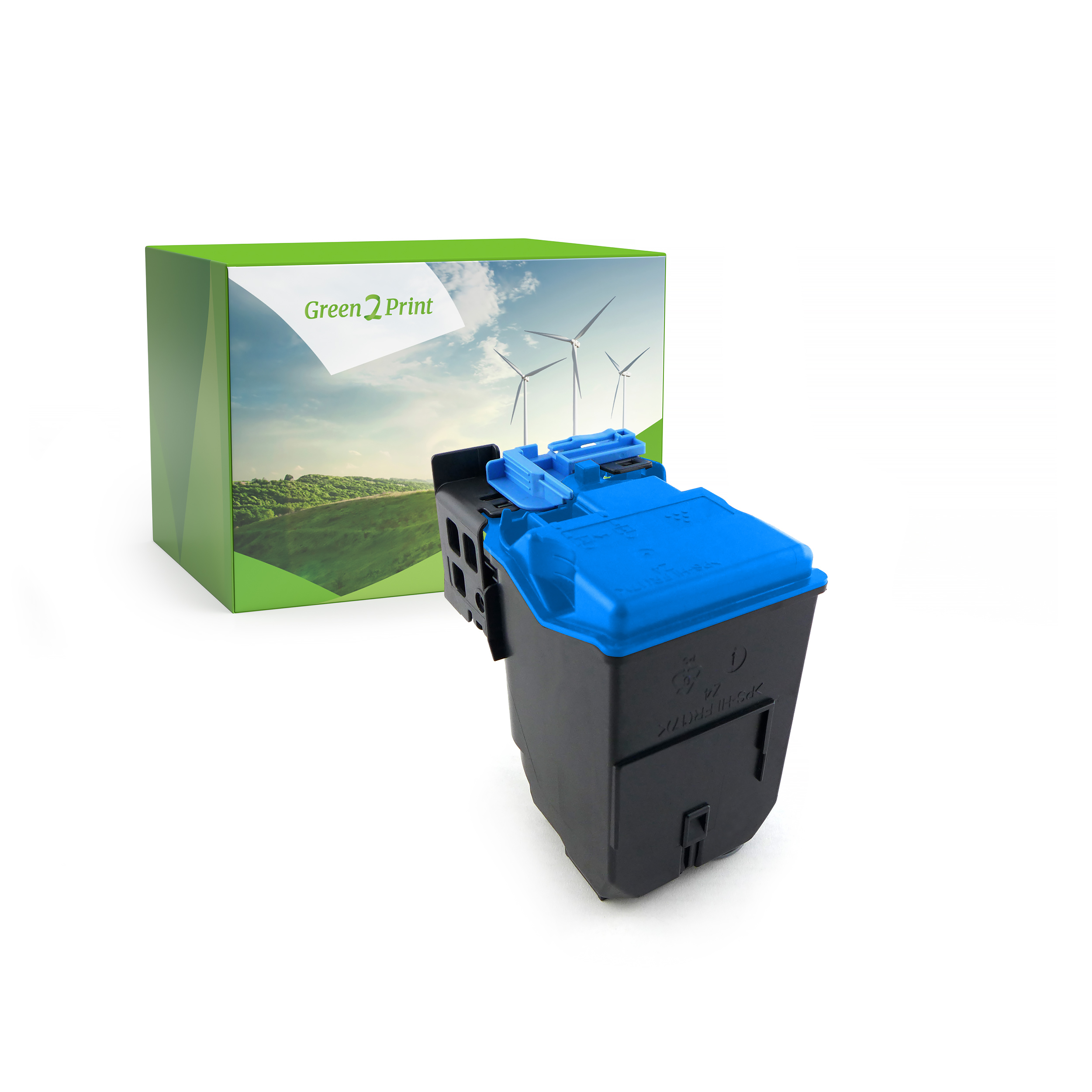 Eine Tintenpatrone mit einer grünen Schachtel dahinter. Die Schachtel hat eine Landschaft mit Windmühlen. Die Patrone ist schwarz und blau.