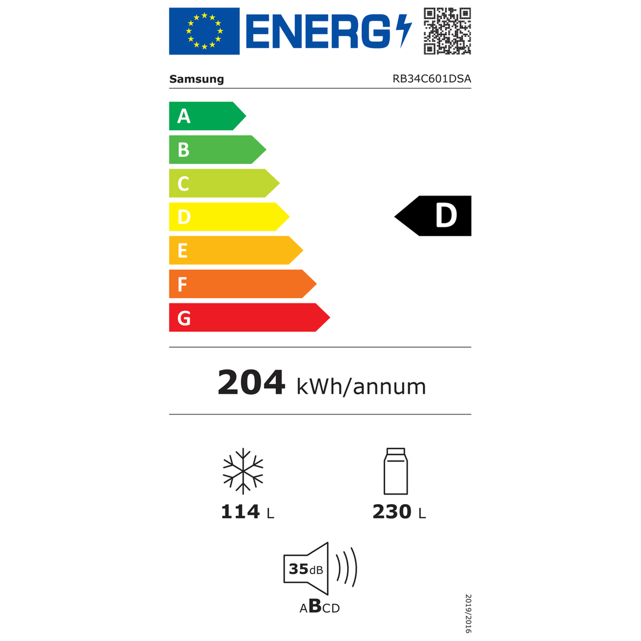 Etichetta energetica per frigorifero Samsung. Mostra classe D, 204 kWh/anno e altre specifiche.