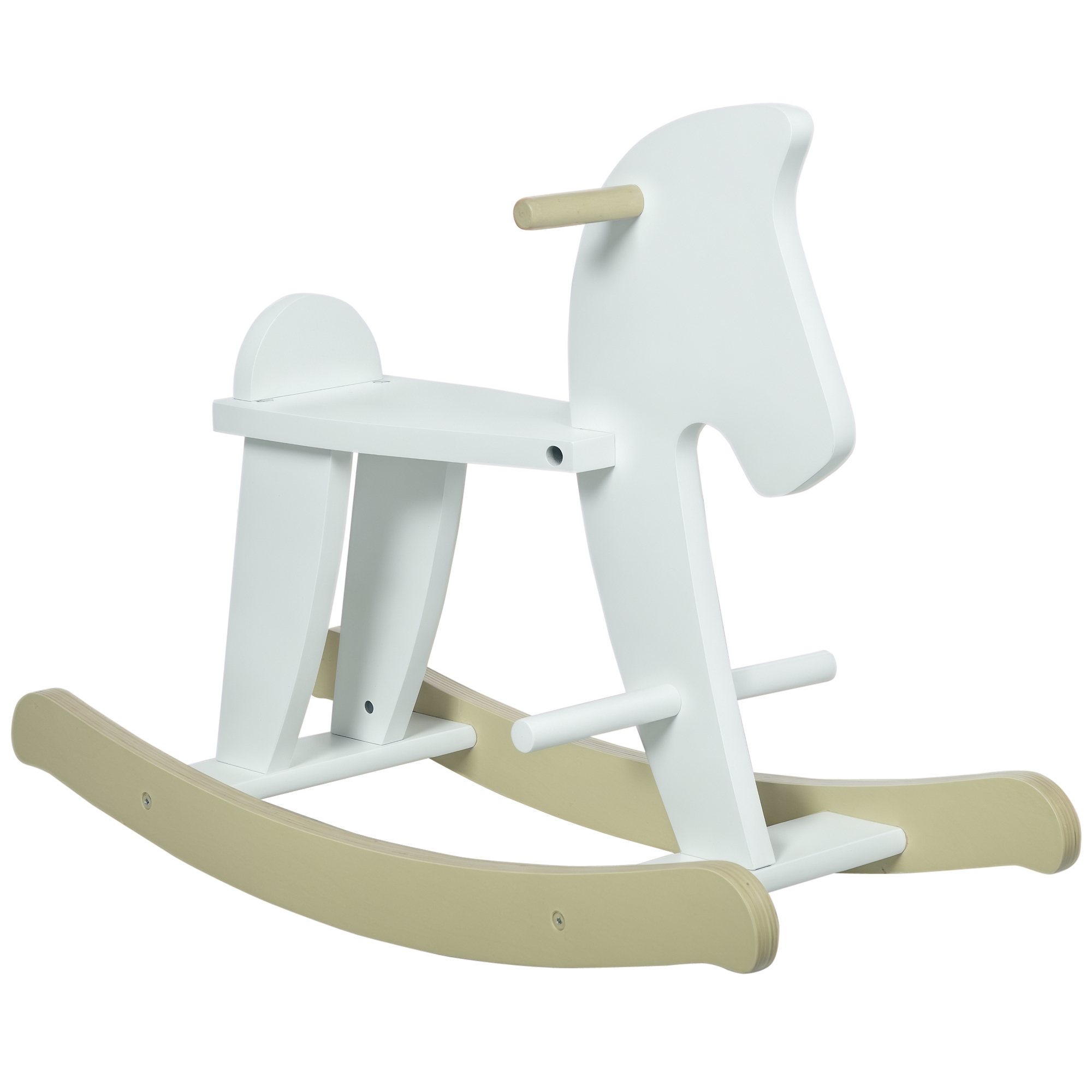 Un cavallo a dondolo in legno bianco e beige, con testa di cavallo, sedile e dondoli. È su sfondo bianco.