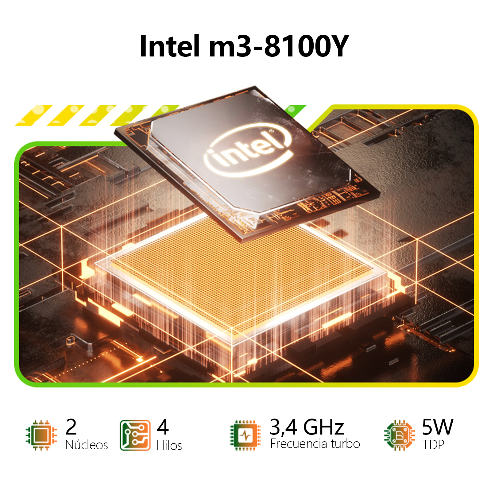 Imagen de un procesador Intel m3-8100Y. Muestra el diseño del chip con especificaciones: 2 núcleos, 4 hilos, 3,4 GHz y 5W TDP.