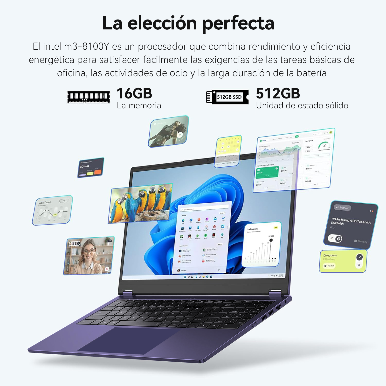 Laptop con pantalla abierta mostrando múltiples ventanas de aplicaciones. Texto arriba: 'La elección perfecta'.