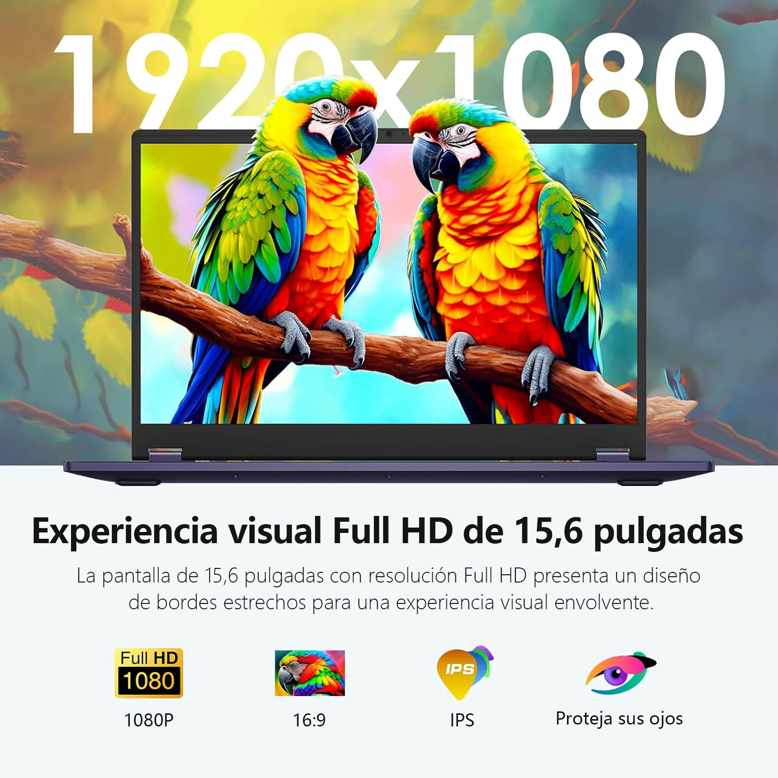 Una pantalla de portátil muestra dos loros coloridos en una rama. El texto sobre la pantalla dice 1920x1080. También hay otros iconos.