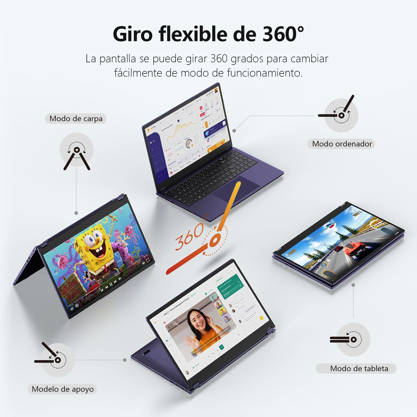 Un portátil en diferentes modos: tienda, tableta y soporte. Muestra una rotación de 360 grados. Bob Esponja se reproduce en modo tienda.