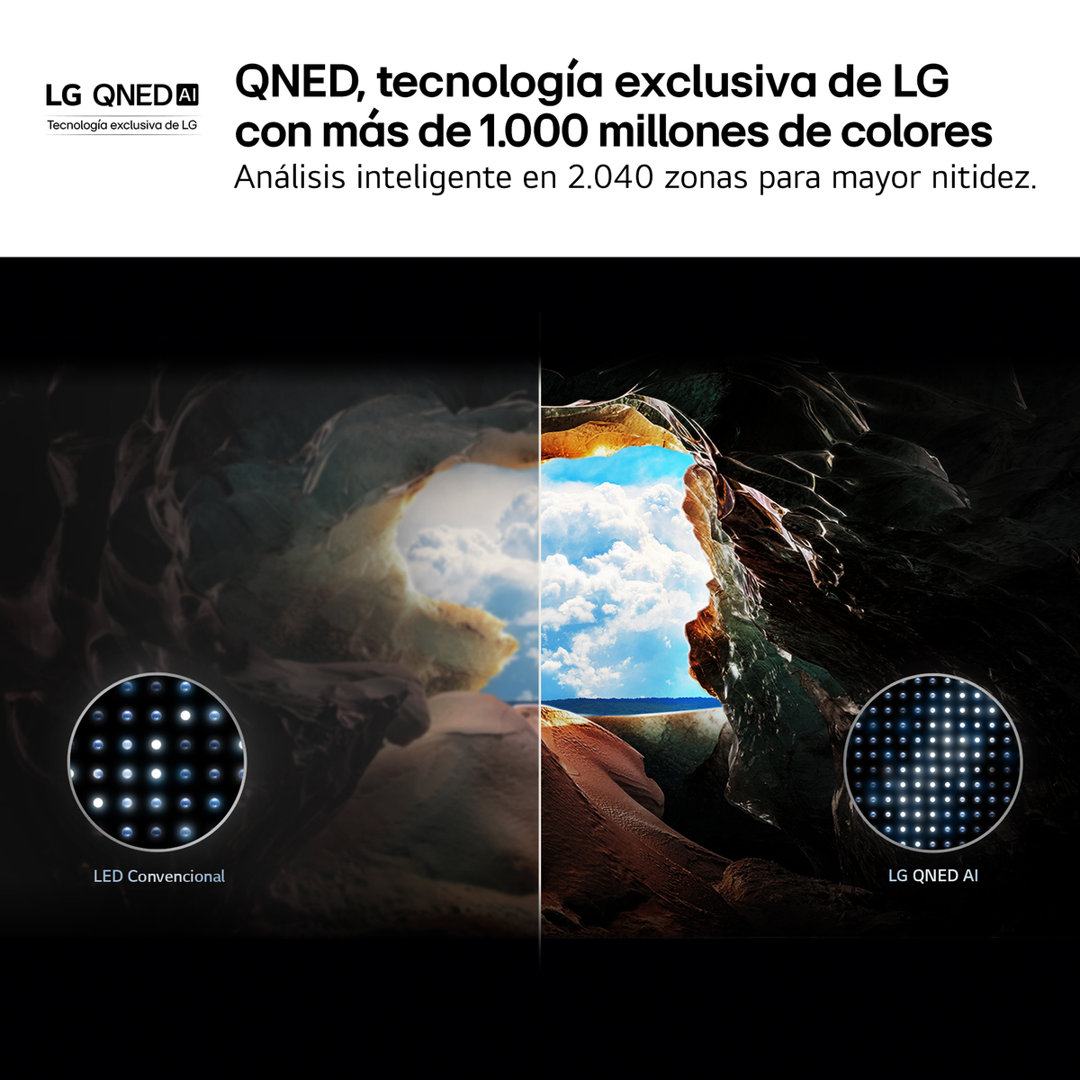 La imagen muestra una pantalla dividida comparando LED y LG QNED AI. El lado QNED AI muestra colores vibrantes y detalles. El texto destaca la tecnología.