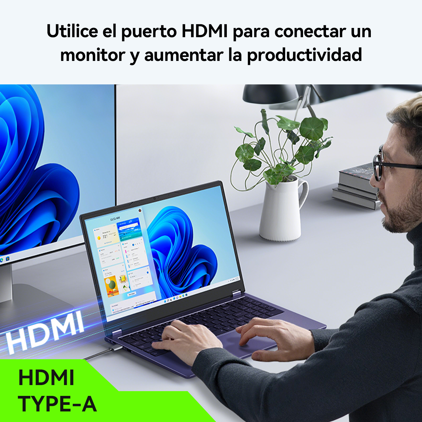 Un hombre usa una computadora portátil conectada a un monitor a través de HDMI. El texto dice: Utilice el puerto HDMI para conectar un monitor.
